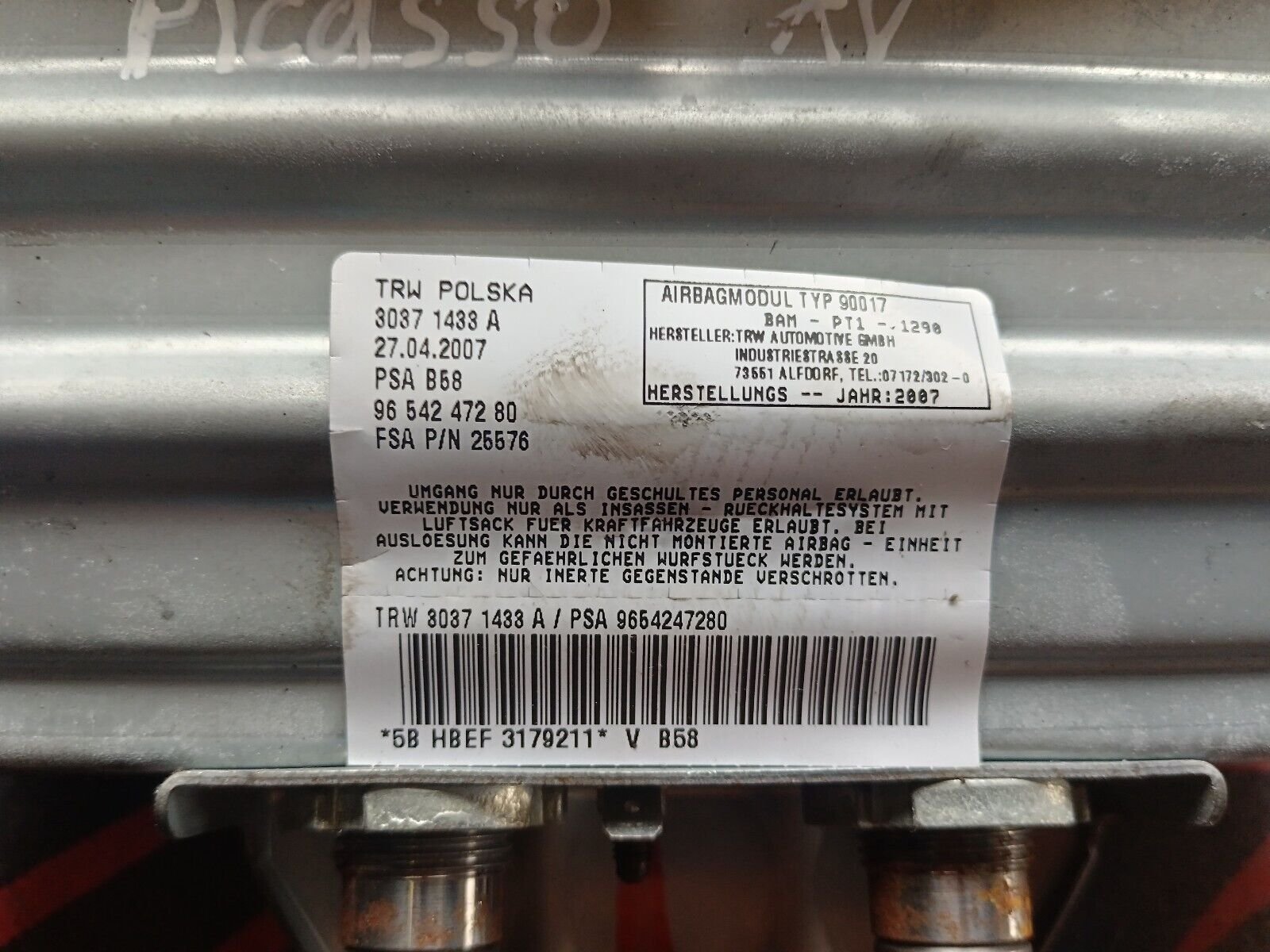 AIR BAG PASSAGER CITROEN C4 PICASSO REFERENCE: 9654247280